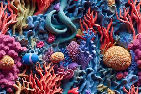 A digital artwork depicting a vibrant coral reef teeming with life. Colorful corals and a single fish create a vivid underwater scene.の写真素材