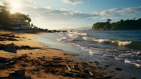 Tranquil coastal scene at sunset. Golden light bathes beach, waves gently caress shore.の写真素材