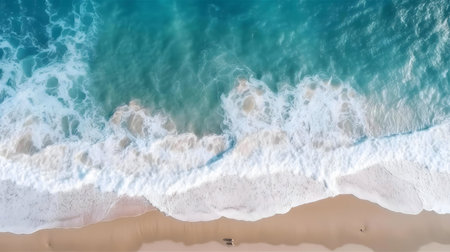 Stunning aerial shot of ocean waves meeting sandy beach. Turquoise water, white foam.の写真素材
