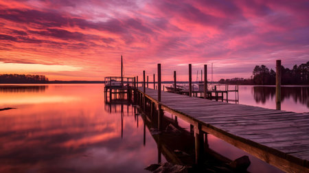 A tranquil sunset over a lake, reflecting vibrant colors on the water. Wooden dock extends towards the horizonの写真素材