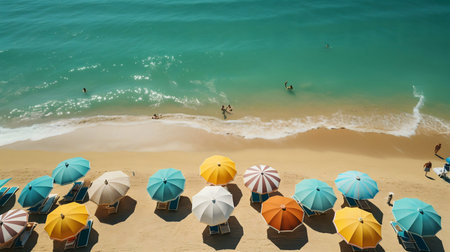 Vibrant beach scene with colorful umbrellas, turquoise water, and people enjoying the summer sun.