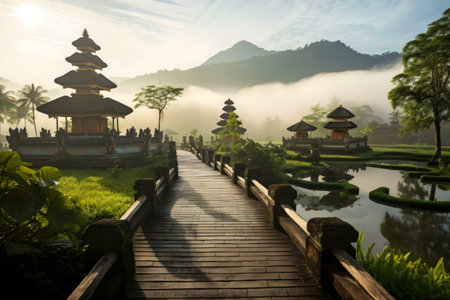 Misty sunrise over serene Balinese temple and rice paddiesの写真素材