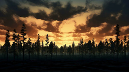 Dramatic sunset casting fiery hues across a silhouetted pine forest.