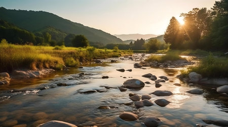 Peaceful river scene at sunset, with mountains in backgroundの写真素材