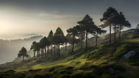 Misty morning landscape with trees on a hillside.の写真素材