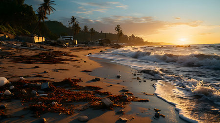 Golden sunrise over a damaged Caribbean beach. Waves crash on the shore leaving debris.の写真素材