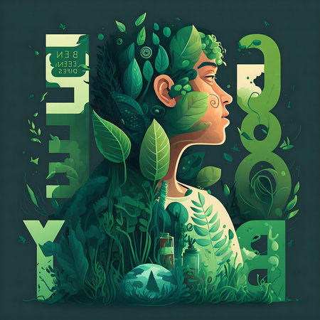 A vibrant digital illustration depicting a person intertwined with lush greenery, symbolizing nature's beauty and harmony.の写真素材