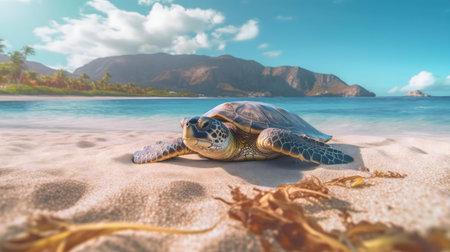 A green sea turtle rests peacefully on a pristine sandy beach, with a stunning tropical backdrop.の写真素材
