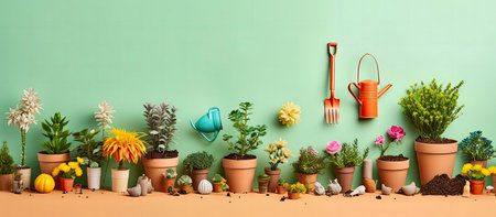 Colorful spring garden scene with various potted plants, gardening tools, and decorations.の写真素材