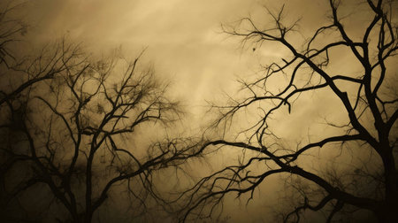 Silhouetted bare trees against a dusky, smoky sky.