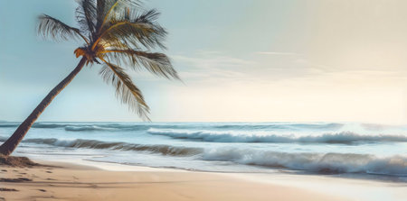 Peaceful tropical beach sunset with palm tree.の写真素材