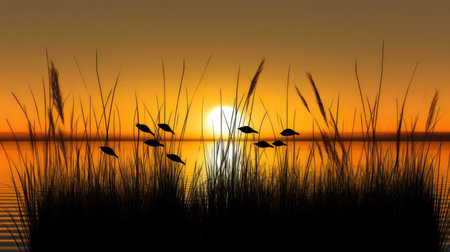 Silhouetted birds fly over calm lake at sunset.の写真素材