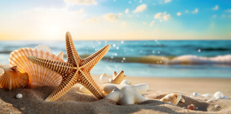 Starfish and seashells on a sandy beach, summer sunrise.の写真素材