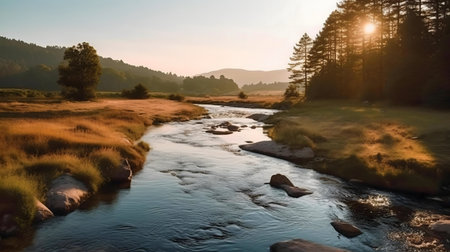A picturesque river flows through a serene landscape at sunrise, bathed in the warm golden light.の写真素材