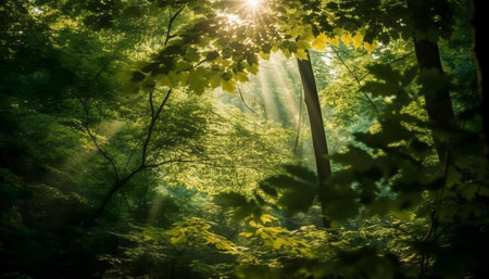 Sunbeams penetrate a dense forest, illuminating vibrant green leaves.の写真素材