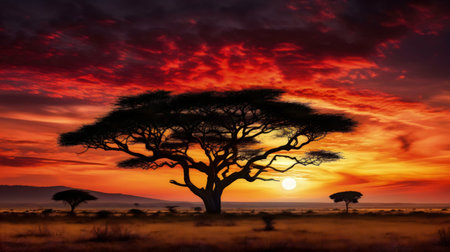 Stunning African sunset showcasing a silhouetted acacia tree against a breathtaking fiery sky.の写真素材