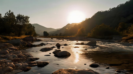 A picturesque sunset over a flowing river, nestled amidst tranquil mountains. The golden hour casts a serene glow.の写真素材