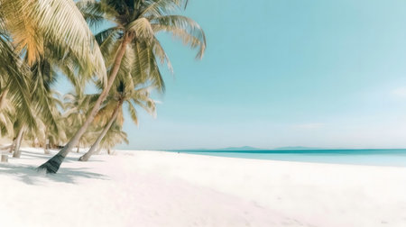 Stunning white sand beach with leaning palm trees, clear blue water, and a tranquil atmosphere.の写真素材