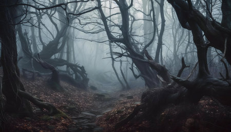 Mysterious path through a dark, foggy forest. Spooky and eerie.の写真素材