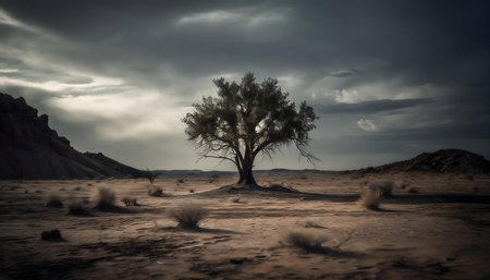 A single tree stands alone in a vast desert under a moody, dramatic sky.