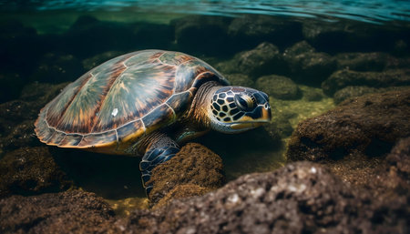 A green sea turtle rests peacefully among rocks in a clear shallow reef.の写真素材