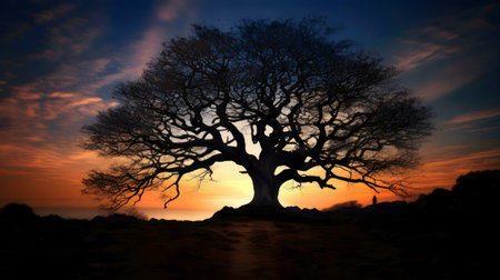 A lone, large tree silhouetted against a vibrant sunset. Peaceful, nature scene.の写真素材