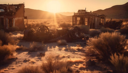 Burned-out buildings at sunset in a remote desert location.の写真素材