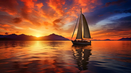 Sailboat at sunset with majestic mountains