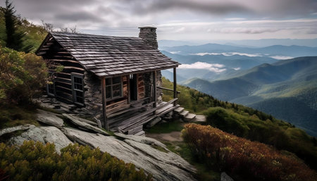 Secluded mountain cabin overlooking breathtaking valley views.の写真素材