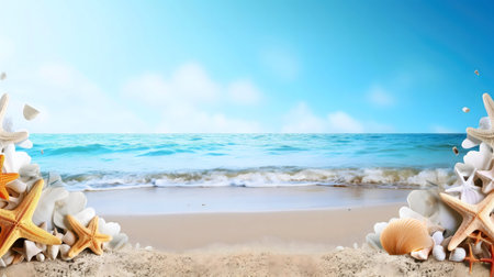 Seashells on a sandy beach meet a calm ocean under a vibrant blue sky.の写真素材