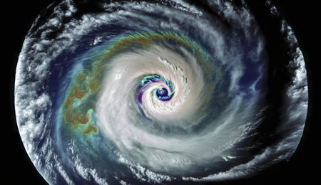 Stunning satellite image capturing the powerful swirl of a cyclone. Shows incredible detail of cloud formation.の写真素材