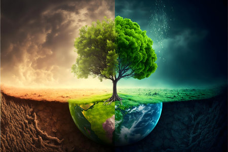 A vibrant tree splits a parched and fertile earth, symbolizing environmental balance.