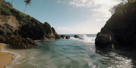Stunning beach cove with turquoise water, rocks and waves. Tropical paradise.の写真素材