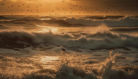 Stunning sunset over the ocean with powerful waves and a flock of birds.の写真素材