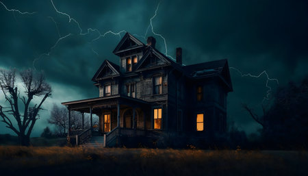 An old haunted house during a stormy night with lightning.の写真素材