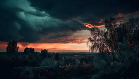 Fiery sunset behind dark stormy clouds. Nature photography.の写真素材