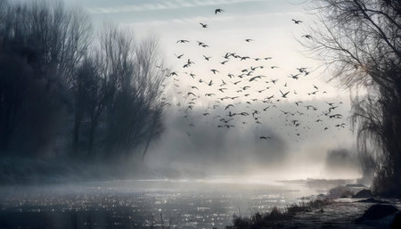 A flock of birds takes flight over a misty river at dawn. Winter sceneの写真素材