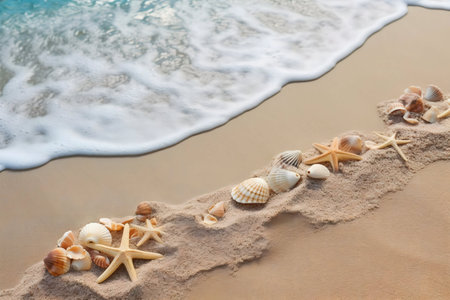 Seashells and starfish arranged on a sandy beach with ocean waves.の写真素材