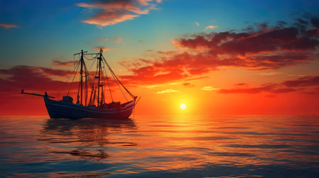 Solitary sailboat at sunset, fiery sky, calm sea.の写真素材