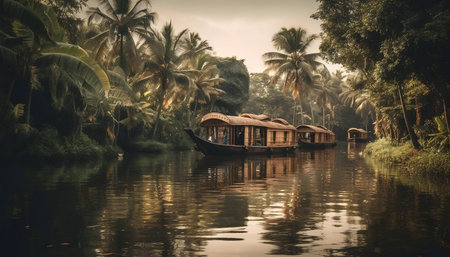 Serene houseboats glide on Kerala's backwaters, surrounded by lush greenery.の写真素材