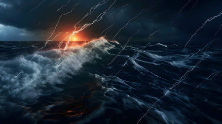 A dramatic seascape at sunset, featuring intense waves, lightning, and heavy rain.