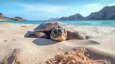 A sea turtle rests peacefully on a sandy beach, turquoise waters and mountains in the background.の写真素材