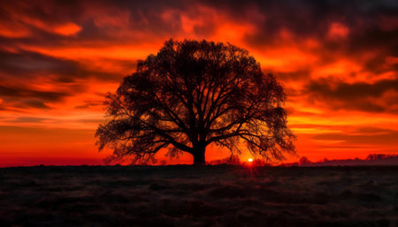 A lone tree stands silhouetted against a vibrant orange sunset. A captivating display of nature's beauty.の写真素材
