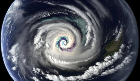 A satellite captures Cyclone Gabrielle's powerful spiral. The image showcases the storm's intensity over the ocean.の写真素材