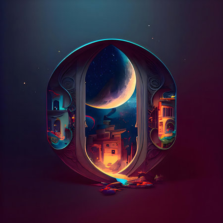 A digital artwork depicting a fantastical cityscape viewed through a celestial gateway.の写真素材