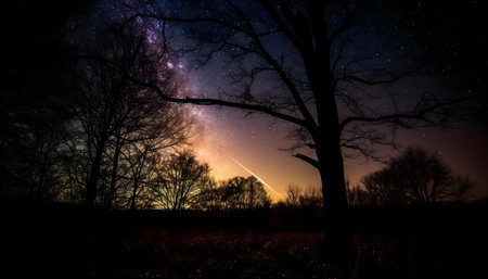 Majestic night scene with the Milky Way, a shooting star, and silhouetted trees.