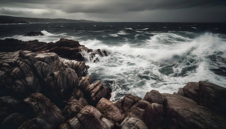 Dramatic ocean waves crashing against a rocky coastline under a stormy sky.の写真素材