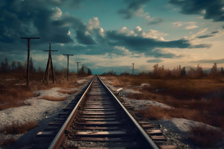 A long railroad track stretches into the distance under a dramatic sky. A beautiful autumn landscape.の写真素材