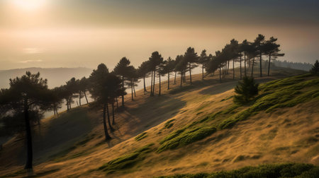 Serene sunrise scene. Misty morning, rolling hills, and line of trees.の写真素材