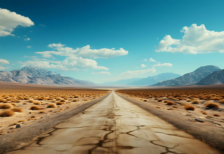 A long road cuts through a vast, desert landscape, leading towards majestic mountains under a bright blue sky.の写真素材